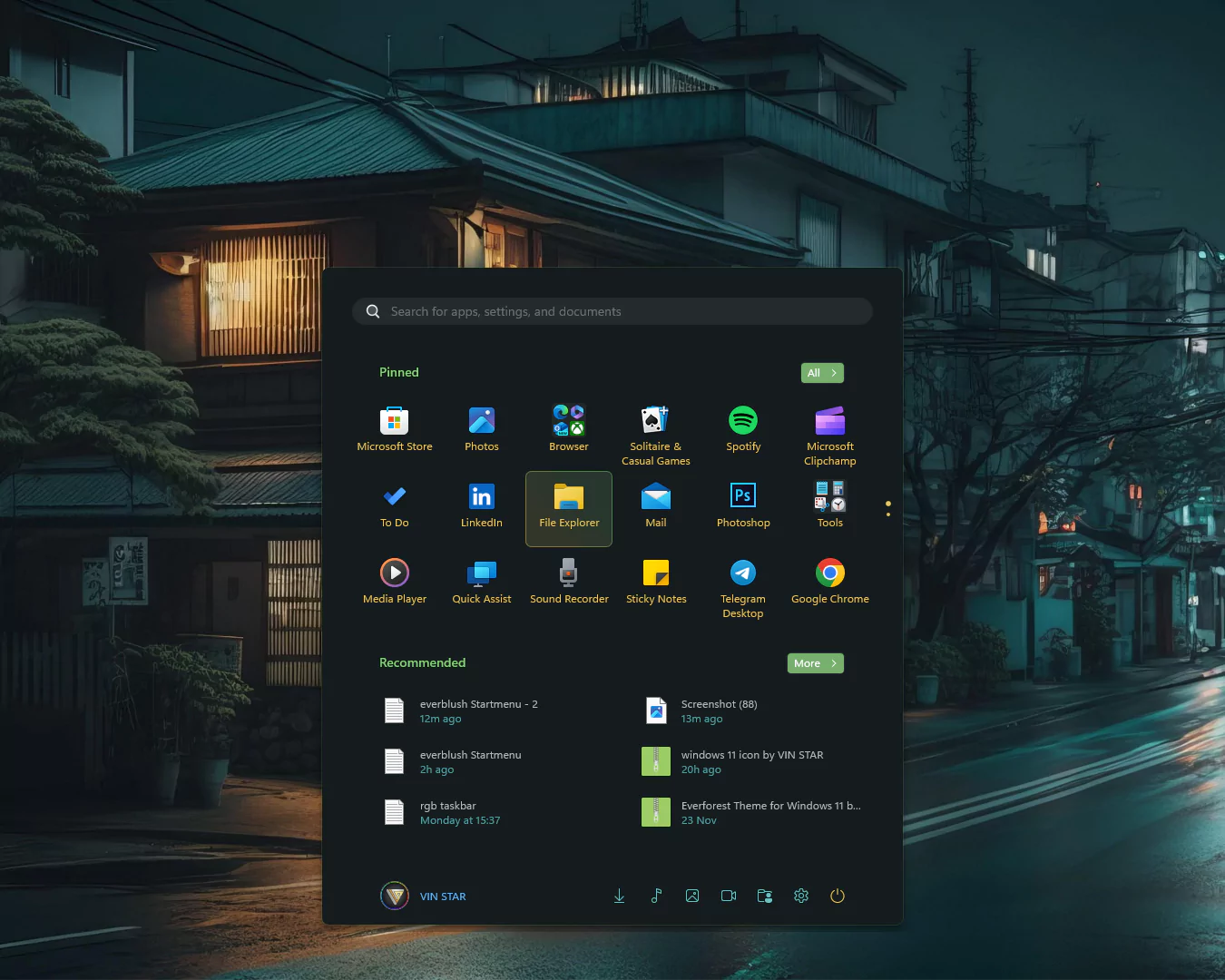 Everblush Start Menu and Taskbar Windows 11 SynthWave 84 Start Menu