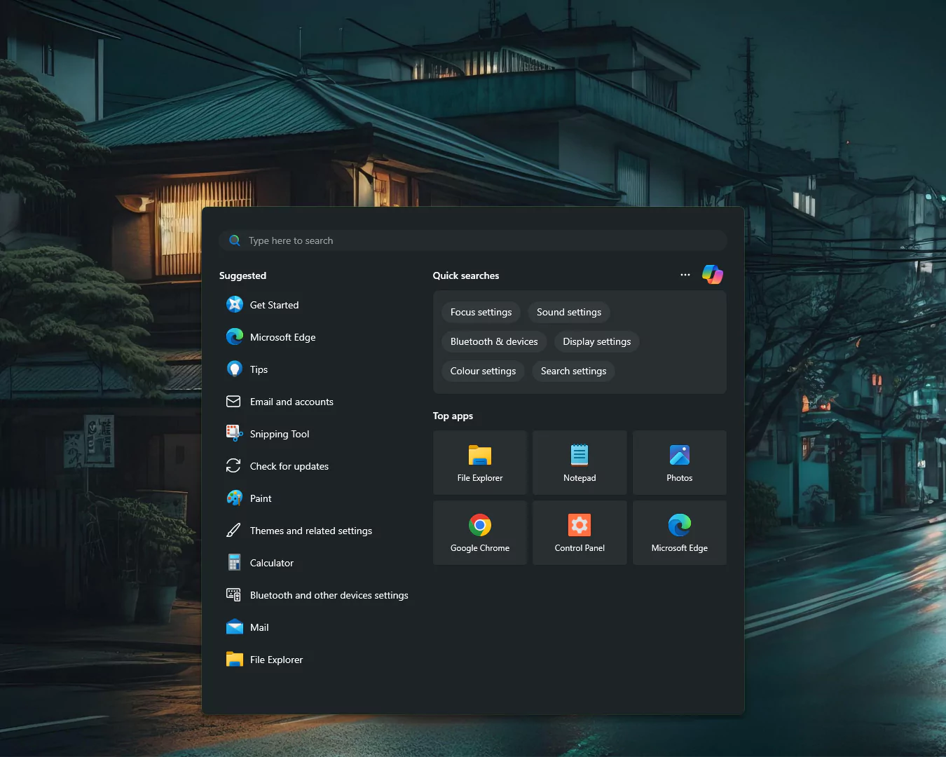 Everblush Start Menu and Taskbar Windows 11 Everblush Search Menu